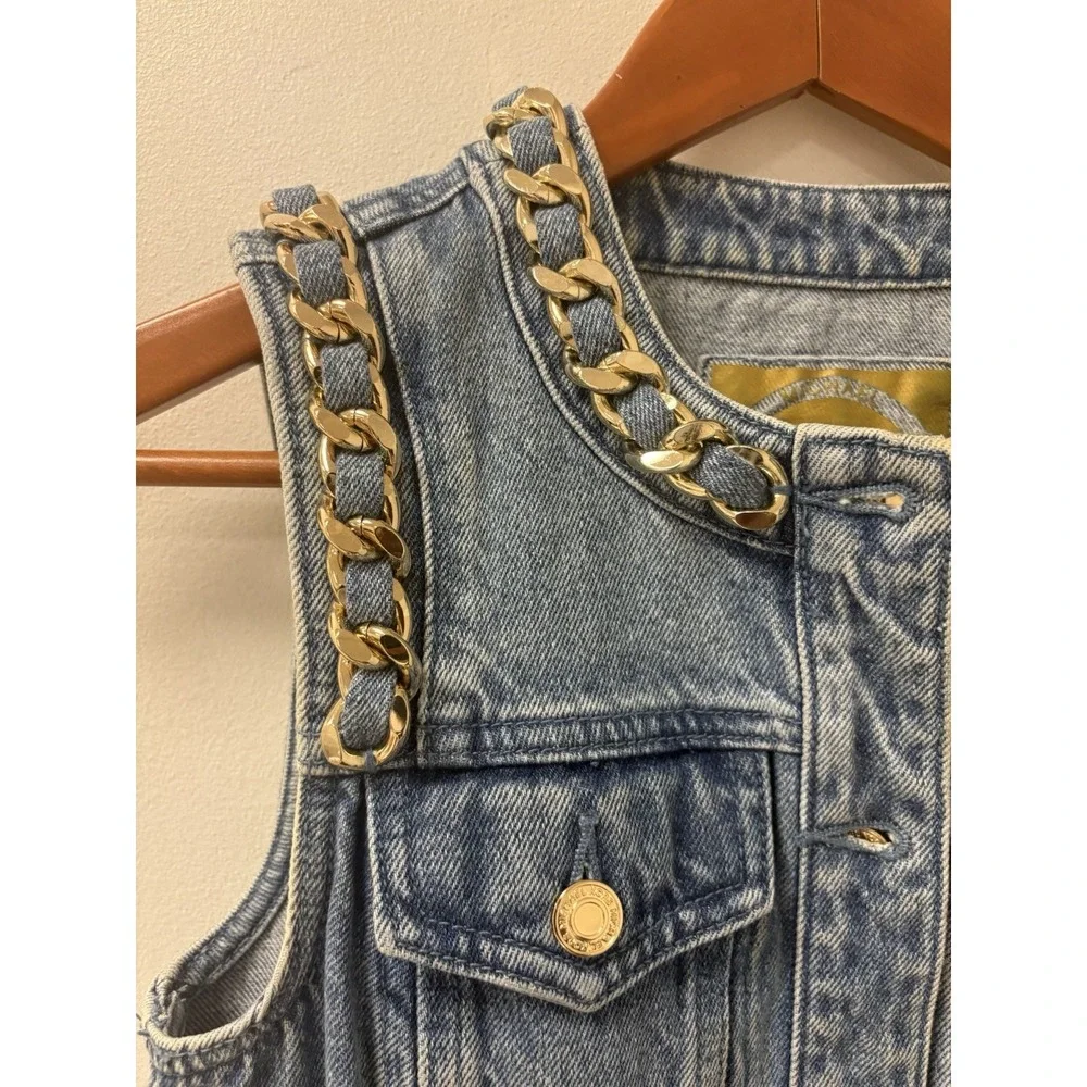 Michael Kors Denim Chain Link Collared Neck Sleeveless Belted Shirt Dress Sz 2